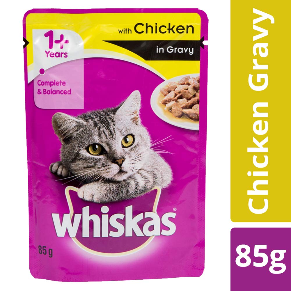 Whiskas Adult (+1 year) Wet Cat Food, Chicken in Gravy, 85g Pouch