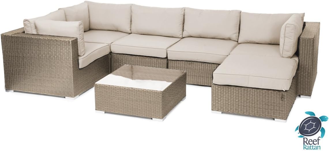 Reef Rattan London 7 Pc Sectional Sofa Set - Natural Rattan / Beige Cushions