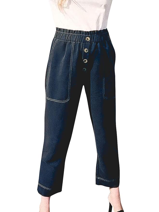 Buy Miessial Women's Elastic Waist Cargo Casual Pants Ankle Length