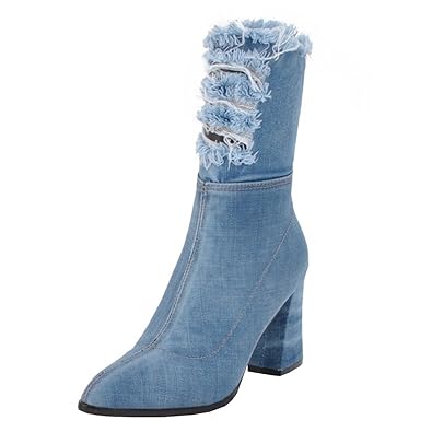 YE Jeans Boot Cut Out Denim High Heels Stiefel Blockabsatz Spitze Damen Boots mit Reißverschluss