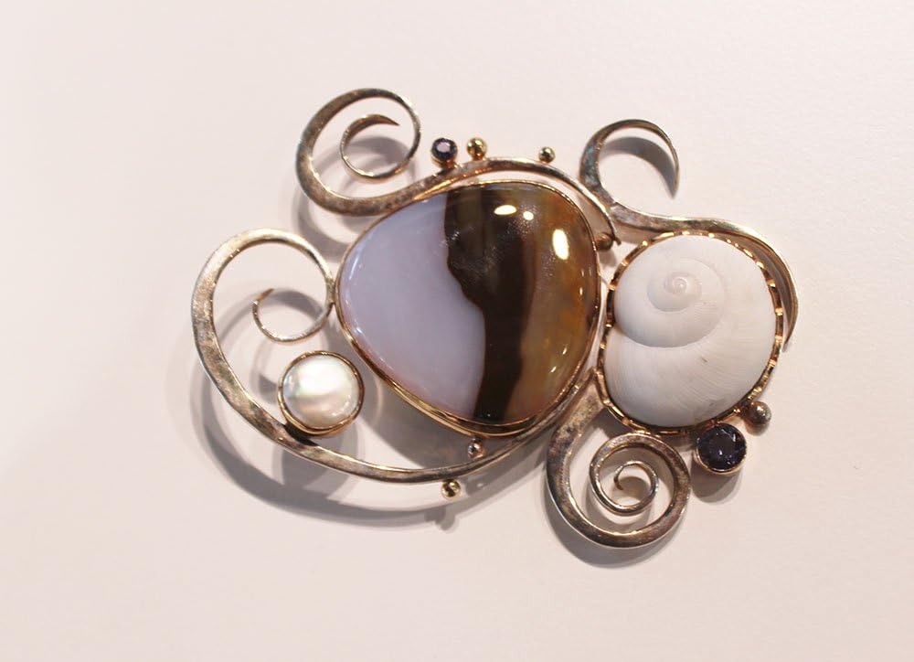 Barbara Umbel Sterling Silver, Snail shell,Chalcedony, Iolite, Freshwater Pearls,Blue Lace Agate, Citrine,Aquamarine and Heratite necklace/pin.