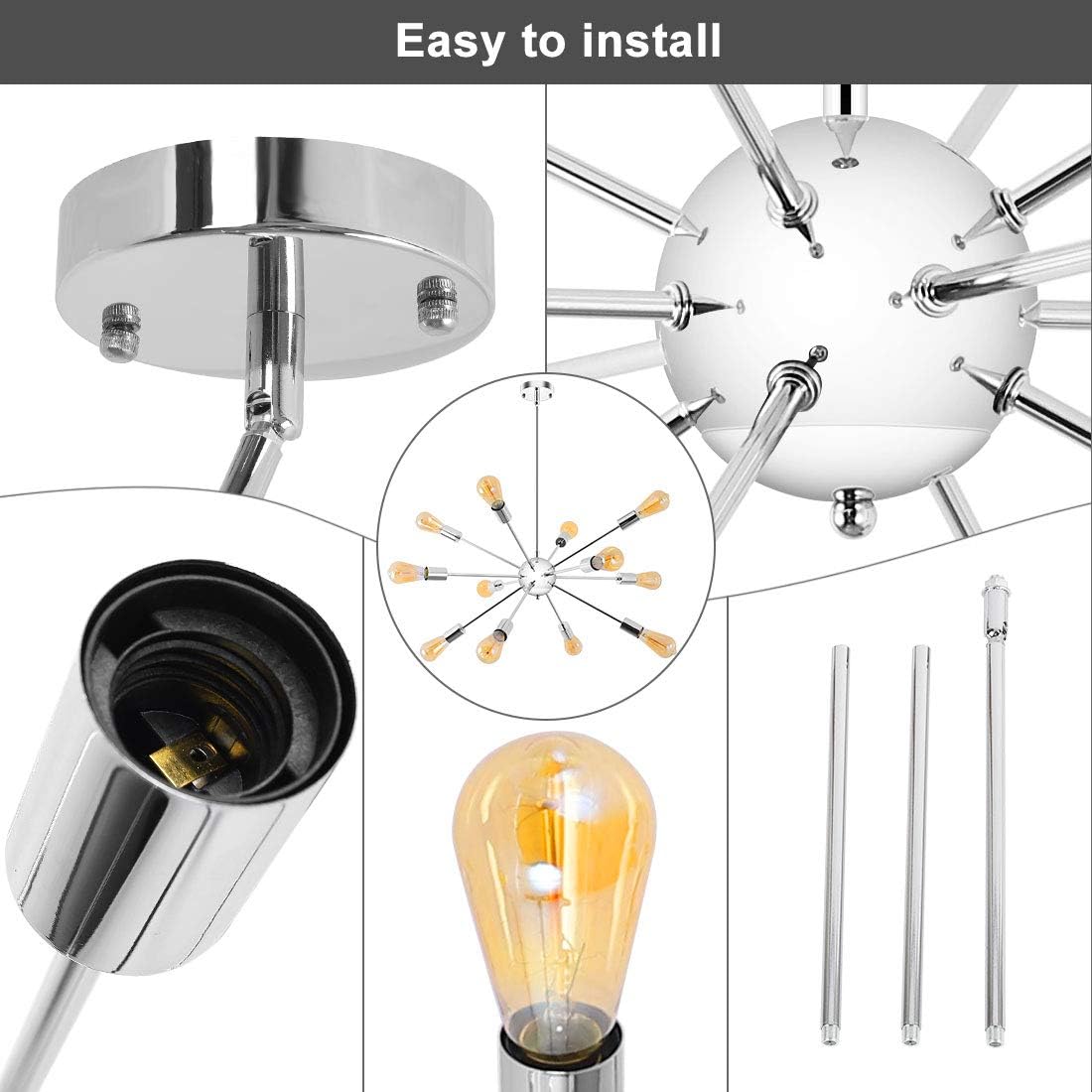 Modern Sputnik Chandeliers 12 Lights Mid Century Vintage Ceiling Light Fixture Industrial Pendant Lighting for Kitchen Dining Room Living Room Bedroom, Nickel - - 