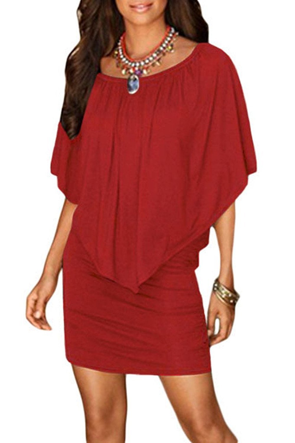 Women Plus Size Off Shoulder Ruffles Clubwear Mini Dress Red S