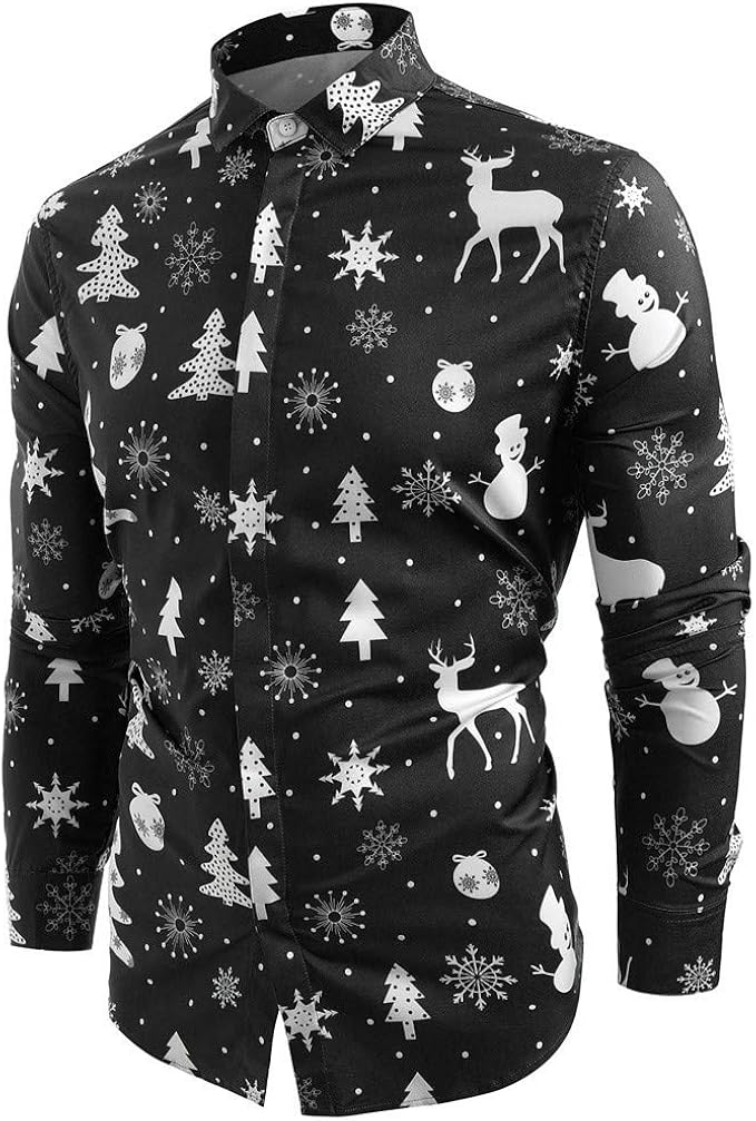 Christmas ButtonDown Shirts for Men Casual Snowflakes Deer Printed