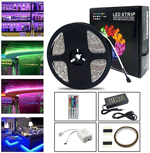 Neraon 16.4ft (5M) led light strip Kit, 12V DC Flexible Light Strips, 300 LEDs SMD 5050 RGB LED Light Strip, led strip lights with remote 44Key IR Remote Controller for Indoor Kitchen Bedroom Party
