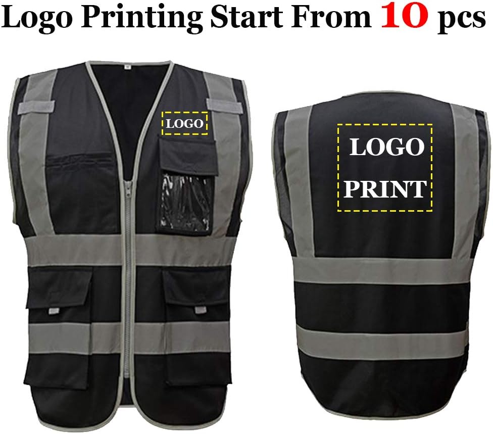 Black Safety Vest With Logo Printing Reflective Work Vest Working Uniform With Pockets (XXL, Black)