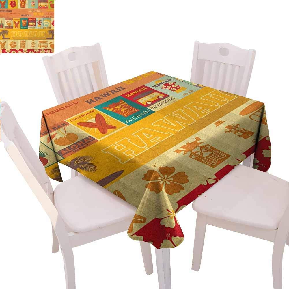 Zara Henry Design Tiki Bar Cart Square Table Cloth, Retro Travel Cards Collection Holiday in Hawaii Icons Summer Season Vintage Print Multicolor Washable Tablecloths, 52x52 Inch