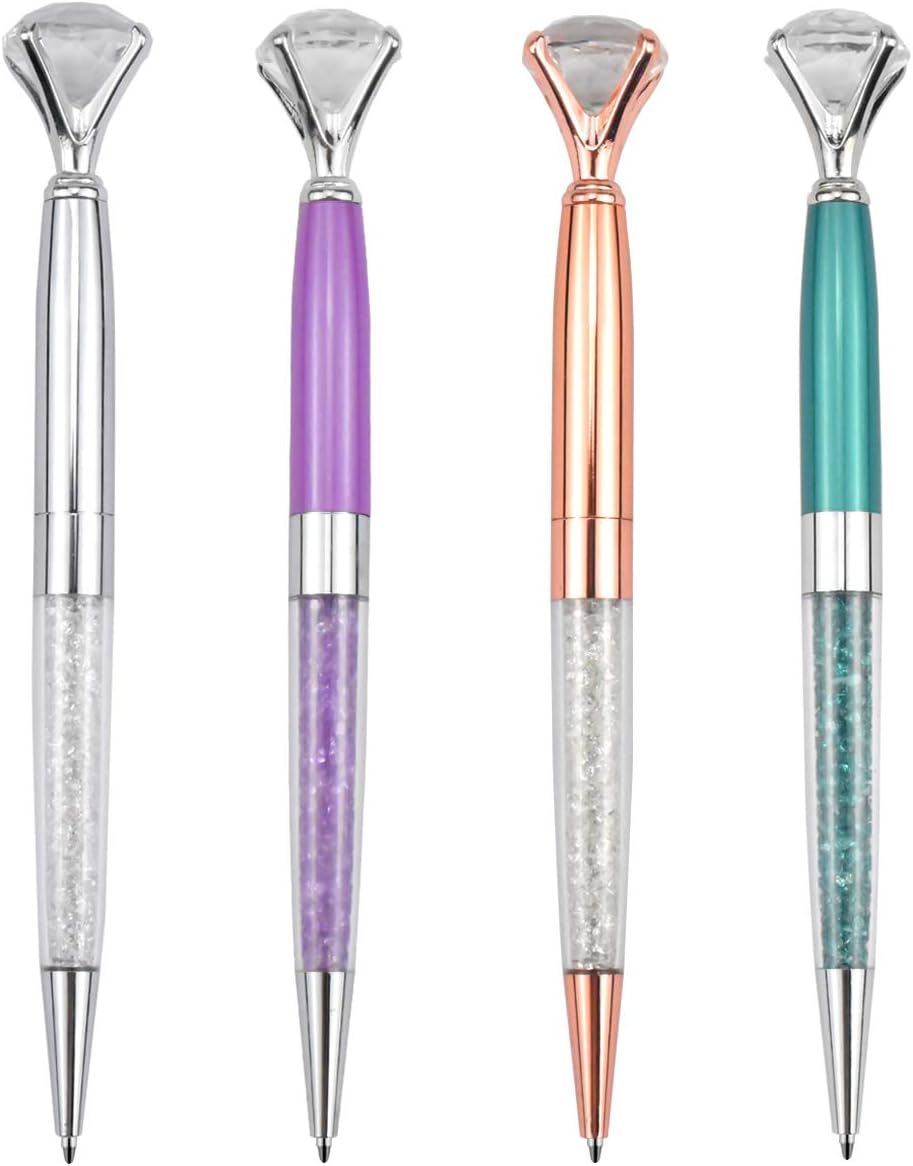 HQdeal Big Diamond Pens, 4pcs Girls Bling Crystal Ball Pens, Diamond Top Pen, Metal Ballpoint Pens, Novelty Jewel Pen for School Office Stationery