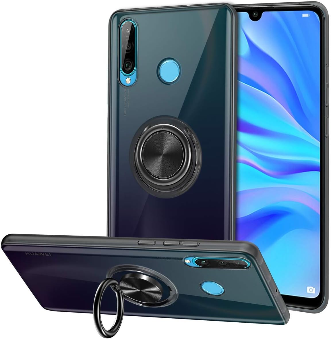 Vunake Case for Huawei P30 Lite Case Ultra thin Silicone TPU Slim Cover Transparent Phone Case with 360 Degree Ring Stand Magnetic Car Holder Protective Case for Huawei P30 Lite 2019, Black