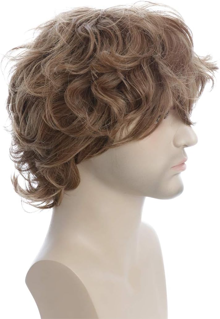 Karlery Male Mens Short Curly Fluffy Brown Wig with Bang Halloween Cosplay Wig - Image 4