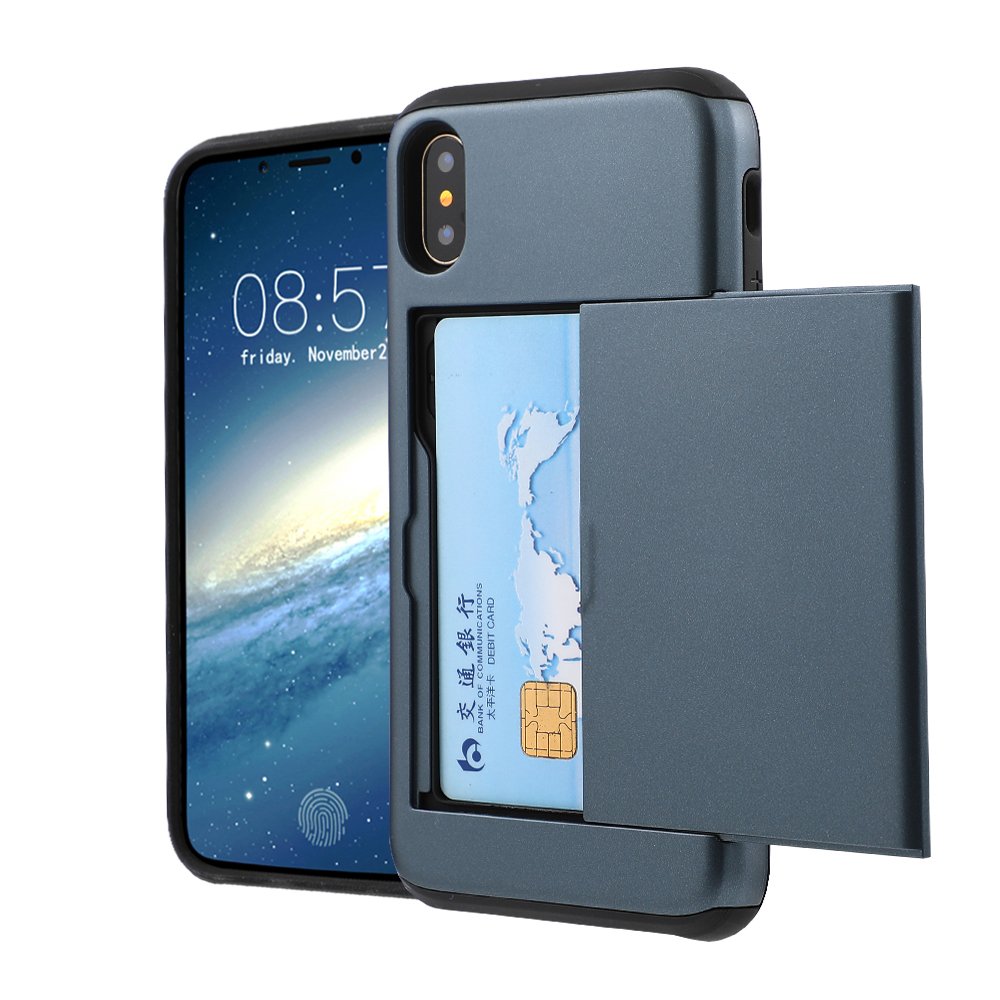 Iphone X Case ,5.8 Inch Rugged Hybrid Dual Layer Wallet Design and ID Credit Card Slot Holder Hidden Pocket Armor Cover for iphone x (Navy)