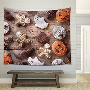Festive Gingerbread Halloween on The Table. Horizontal View from Above - Fabric Wall Tapestry Home Decor - 51x60 inches