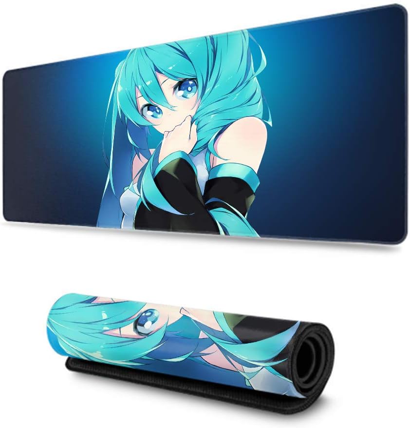 XXL Mouse Mat Extended Desk Pad Large Gaming Mouse Pad, Hatsune Miku Japanese Anime Girl with Stitched Edges Multipurpose, Thick Large (29.5×15.7 Inch)