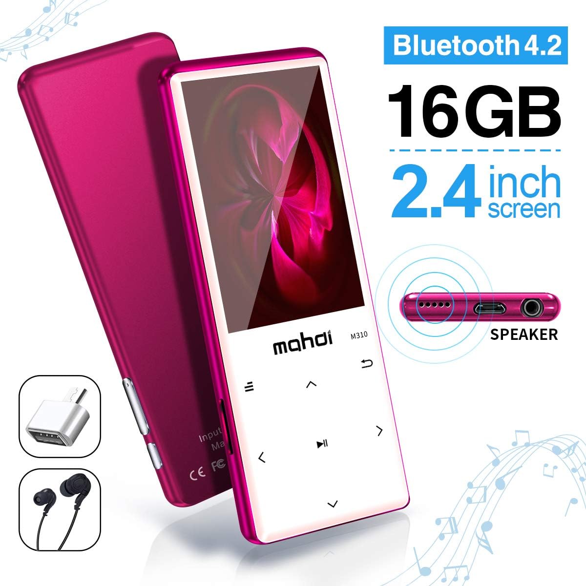 MYMAHDI MP3 Player with Bluetooth 4.2, Touch Buttons with 2.4 inch Screen, 16GB Portable Lossless Digital Audio Player with FM Radio, Voice Recorder, Support up to 128GB, Pink