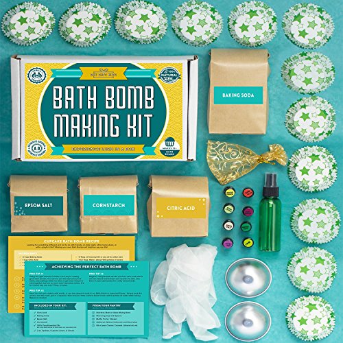 Bath Bomb Making Kit with 100% Pure Therapeutic Grade Essential Oils, Makes 12 DIY Lush Cupcake Mold Bath Bombs, Gift Box & Metal Bath Bomb Mold 2 Piece Set Included