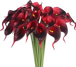 JUSTOYOU 20pcs Artificial Calla Lily Real Touch Latex Flower for Bride Wedding Home Decor (Dark Red)