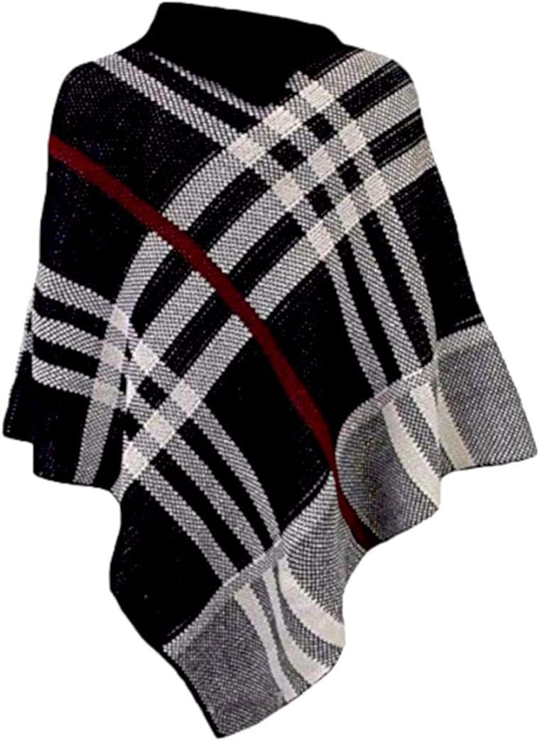 JZ Clothes Women's Checked Knitted Winter Poncho Red Band Wrap Shawl Cape