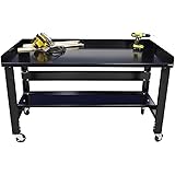 Borroughs 60" W x 34" D Heavy-Duty Mobile Workbench, Black Steel Top, 750 LB Capacity, Bottom Shelf & Edge Guards, Adjustable Height 34-40"