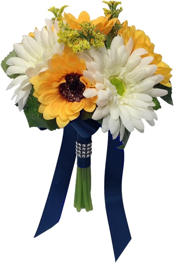 Amazon Com Angel Isabella 7 5 Bouquet Sunflower Gerbera Daisies Bouquet Artificial With Navy Blue Ribbon Home Kitchen