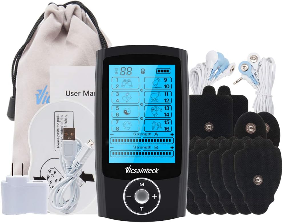 Tens and Powered Muscle Stimulator, 16 Modes Dual Channel TENS Unit TENS/PMS EMS Rechargable Electronic Pulse Massager Device for Pain Relief Therapy with 10 Pads: Health & Personal Care