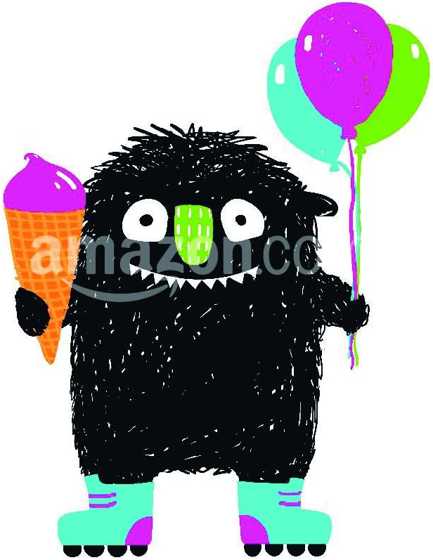 The Shutterstock Collection Kids Fun Monster with Ice-Cream Balloons Roller Skating Cartoon. Happy Funny Little Monster Skating for Children Cartoon Illustration. Poster Print, 11" x 17"