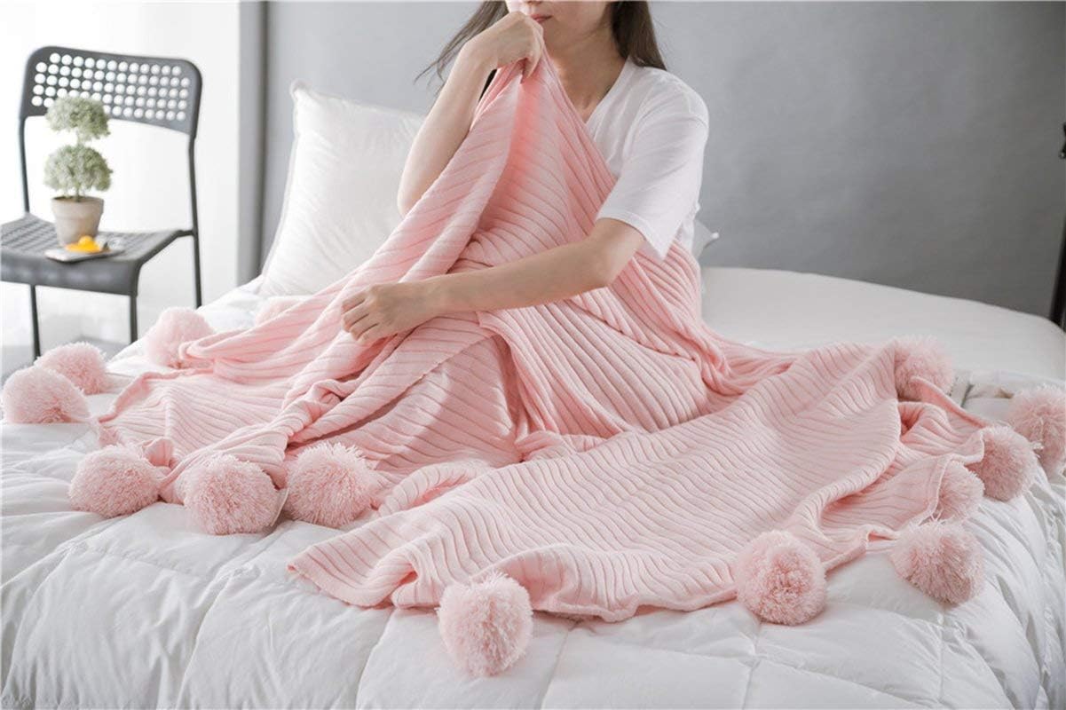 CASOFU Cotton Knitted Throw Blankets, Pom Pom Throw Blanket Pink for All Seasons,Big Air Conditioning Throw Blankets for Bed/Sofa/Outdoor
