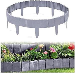 yunshuoa Garden Fence Edging DIY Decorative Flower Grass Bed Border Cobbled Stone Effect Plastic Garden Edging Hammer-in Lawn Lawn Palisade Fencing(Gray,10PCS)