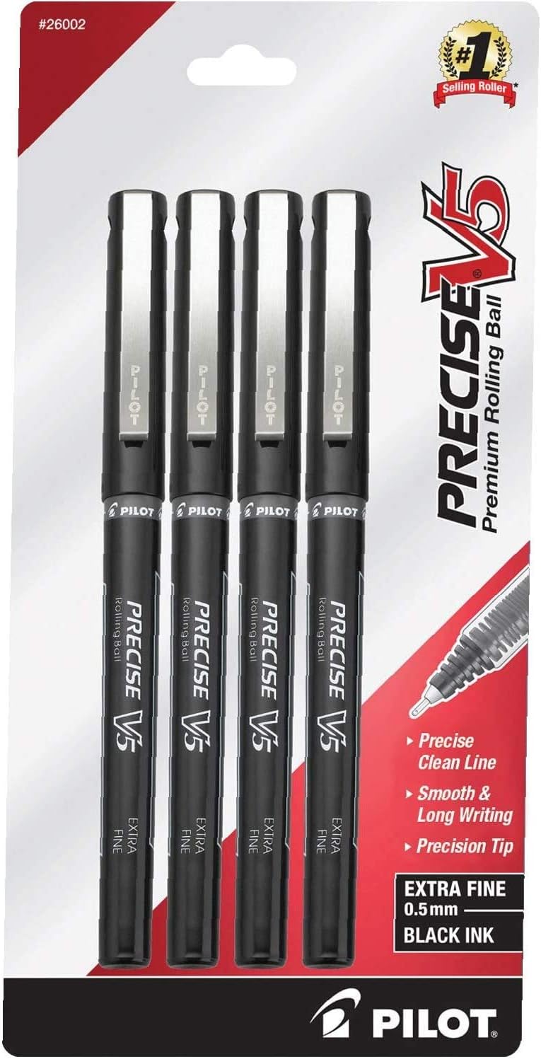 PILOT Precise V5 Stick Liquid Ink Rolling Ball Stick Pens, Extra Fine Point (0.5mm) Black Ink, 4-Pack (26002) : Liquid Ink Rollerball Pens : Office Products