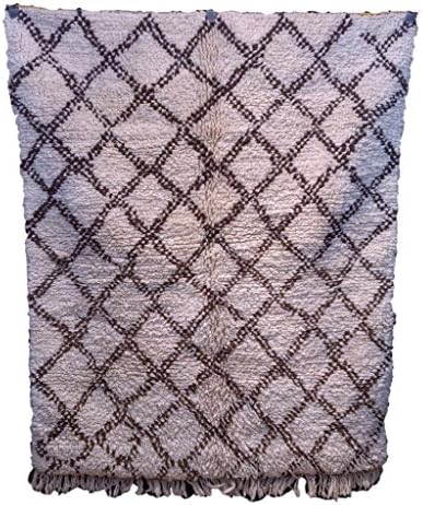Beni Ourain Moroccan Area Rug 4'8" x 3'11" with BROWN Design - Handmade Shaggy Pile Wool Carpet - Ships from U.S.A.