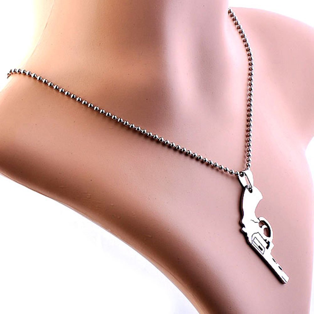 PiercingJ Mens Stainless Steel Gun Pendant Necklace with 19\