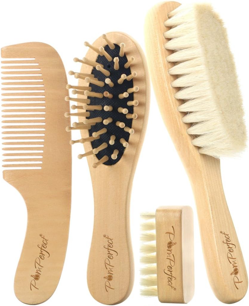 Soft Goat Hair Baby Brush Set | Wooden Bristles Baby Brush Cradle Cap Massage Brush | Eco-Friendly Wood Cutie Comb | Plus Baby Nail Beauty Brush by PomPerfect