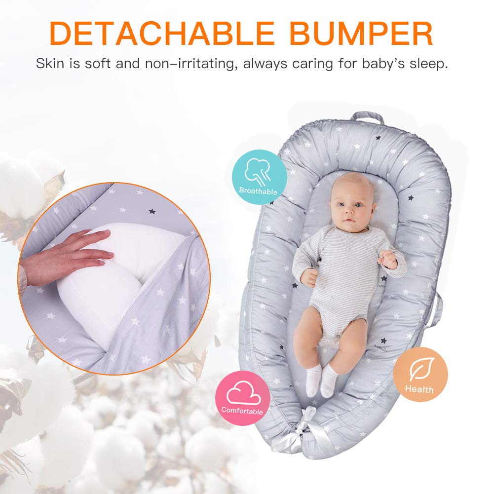 Baby Lounger & Baby Nest Co Sleeper for Newborn Portable Bassinet Bed Soft Organic Cotton Easy to Clean Babies Crib Large Size(0~12months) (Grey Star) : Baby