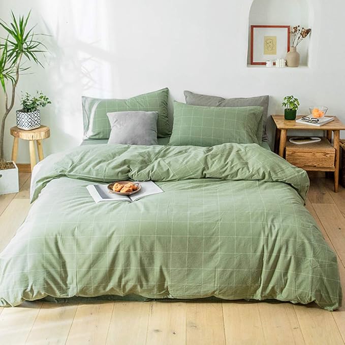 Matcha Green Plaid Duvet Cover Set Washed Cotton Breathable