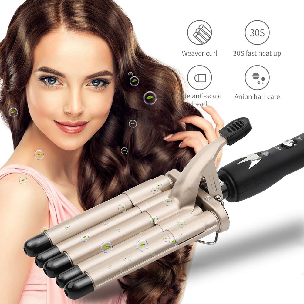 5 Barrel Curling Iron Wand Dual Voltage Hair Crimper - 13mm Ceramic Tourmaline 5 Barrels, Temperature Adjustable Portable Hair Waver Heats Up Quickly (Gold): Beauty