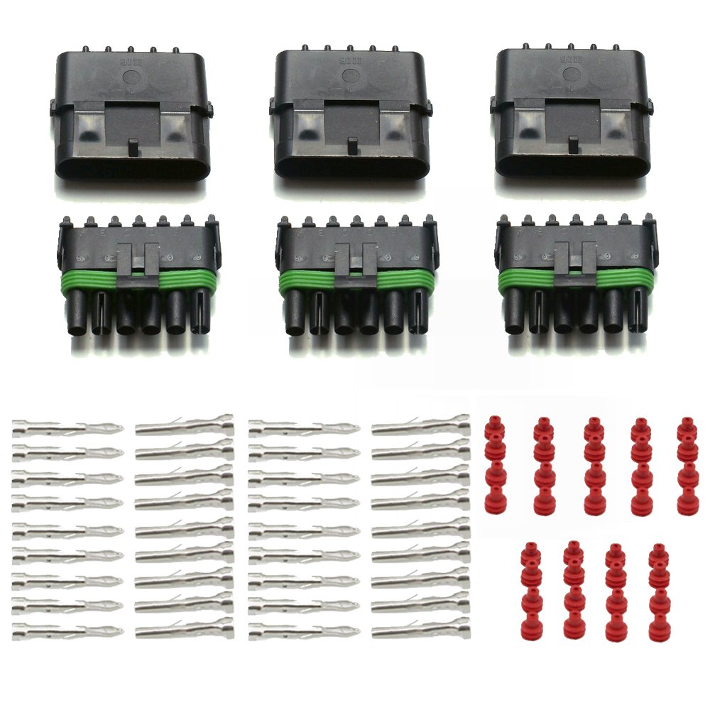 MUYI 3 Kit 6 Pin Way Waterproof Electrical Connector Green Seal Red Insert 1.5mm Series Terminals Heat Shrink Quick Locking Wire Harness Sockets