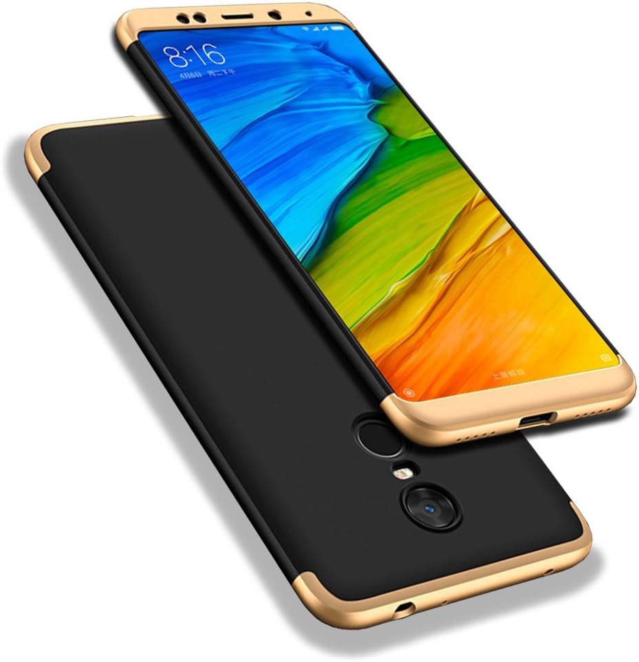 WindCase Redmi 5 Case, 360° Full Body Coverage Protection Hard PC 3 in 1 Detachable Protective Case Cover for Xiaomi Redmi 5 Black Gold + Tempered Glass Screen Protector