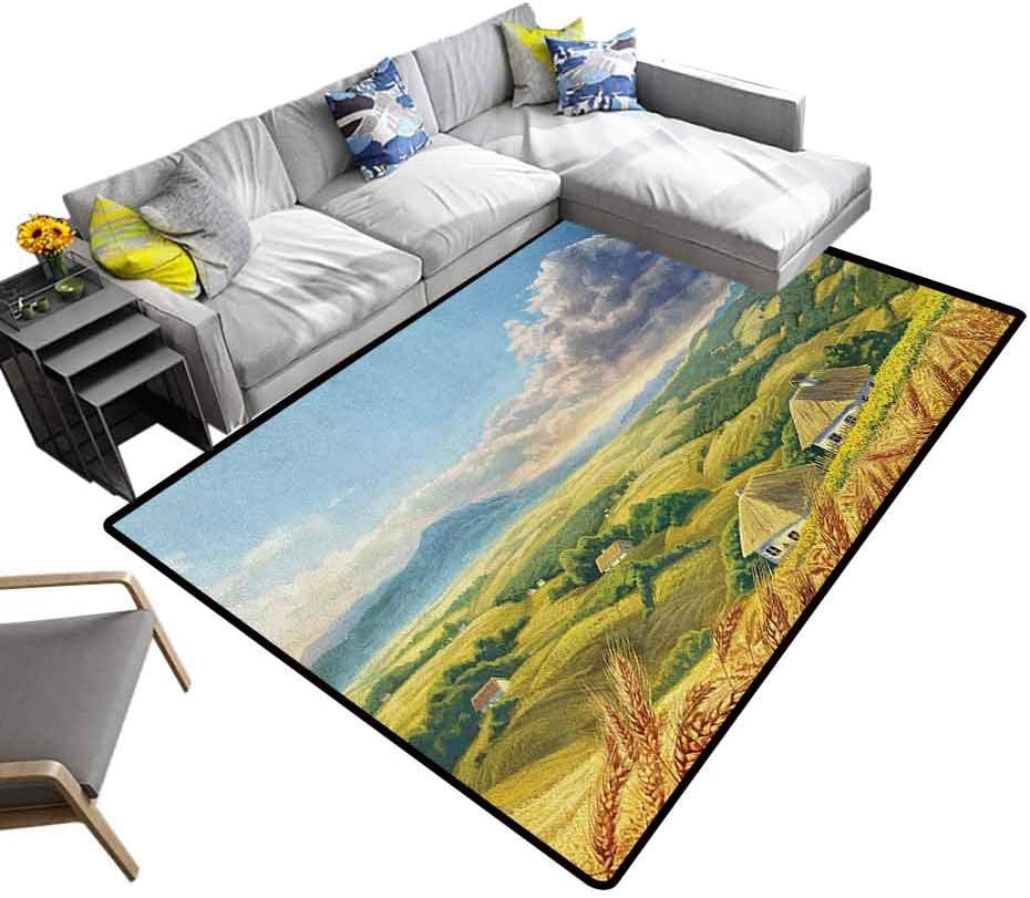 Country Indoor Area Rug Summer Rural Landscape with Wheat and Small Country Houses in Valley Art Bathroom Soft Durable Area Rug Green White Blue (6'6"x10')