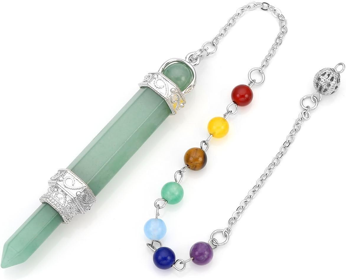 MANIFO 7 Chakra Reiki Healing Dowsing Crystal Pendulum Long Hexagon Point Stones Pendant, Green Aventurine