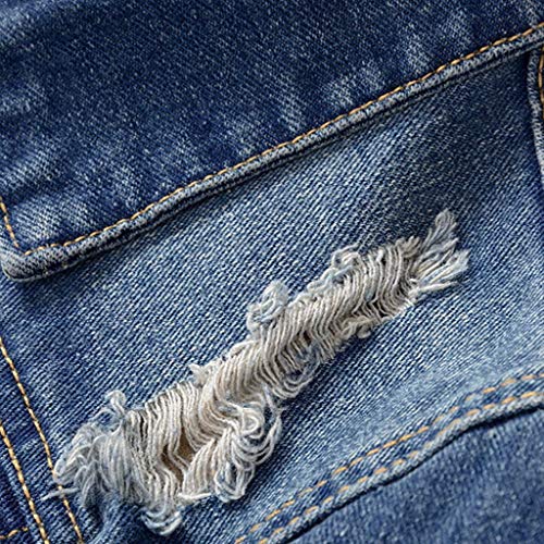 iYYVV Mens Autumn Winter Casual Long Sleeve Turn Down Distressed Solid Denim Jacket Coat