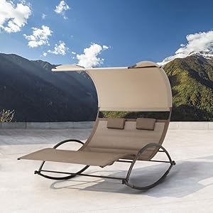 Crestlive Products Outdoor Double Chaise Lounge Chair Swing Rocking Portable Hammock Bed Loveseat with Sun Shade & Wheels for Patio, Yard, Pool (Brown)
