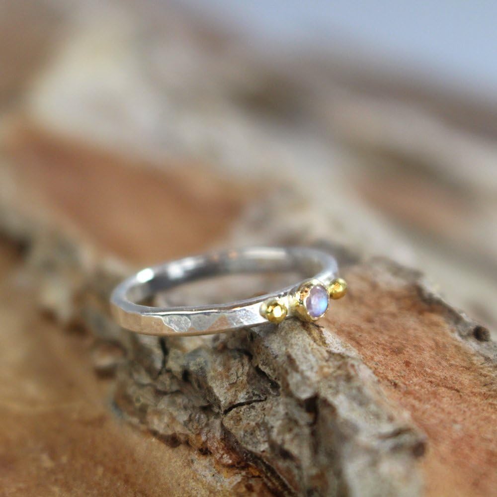 Handmade Dainty Moonstone Stacking Wedding Band in Sterling Silver and Solid Gold SIZE 7