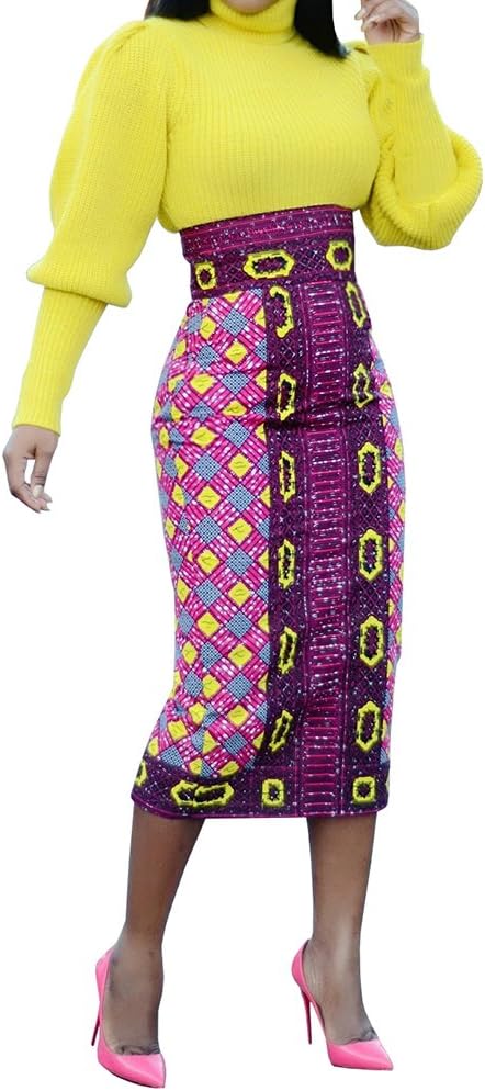 Womens African Print Plaid Midi Skirt Bodycon High Waist Floral Knee Length Pencil Skirts