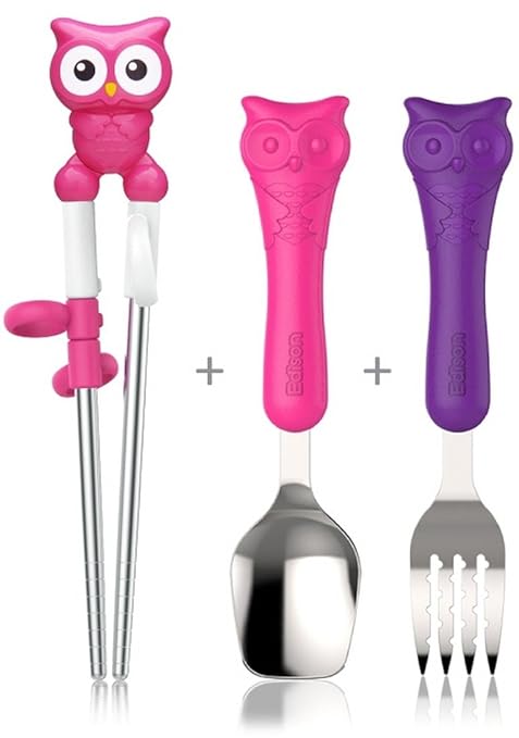 Edison Owl Training Chopsticks Spoon&Fork Set For Kids 3y+(Pink+Purple)
