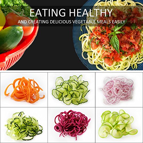 5-Blade Spiralizer Vegetable Spiral Slicer, Noodle Maker, Fruits and Veggies Slicer for Low Carb/Paleo/Gluten-Free Meals with Labeled Blades and Storage Box, Cleaning Brush (Free Recipe Book)