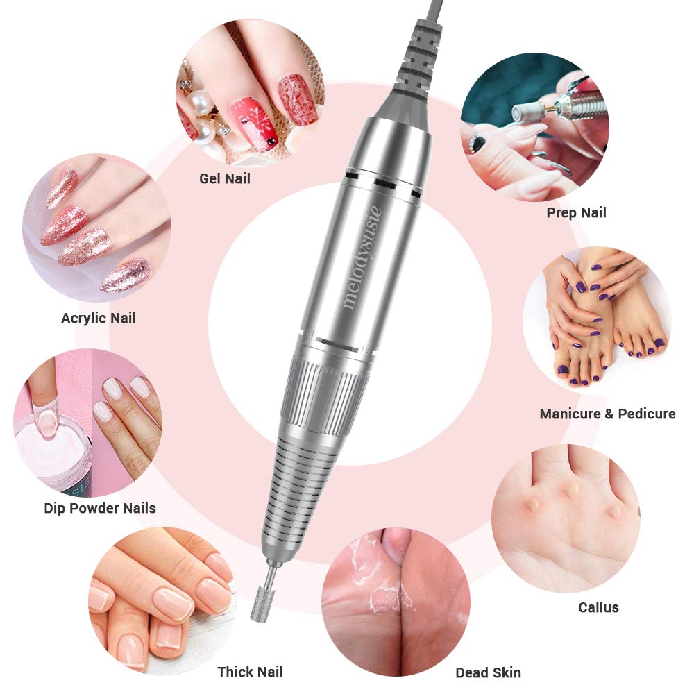 MelodySusie Professional Rechargeable 30000 rpm Nail Drill, Portable E-File with Long Life Battery, Electric Tool for Acrylic Nail Natural Extension Poly Nail Gel, High Speed, Low Heat, White: Beauty