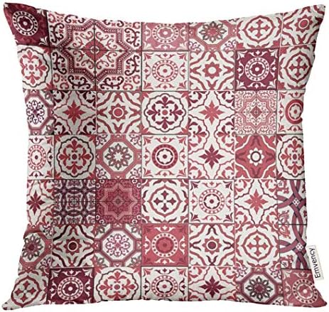 Throw Pillow Cover Mega Gorgeous Patchwork Pattern from Dark Red and White Moroccan Portuguese Tiles Azulejo Arabic Decorative Pillow Case Home Decor Square 18x18 Inches Pillowcase