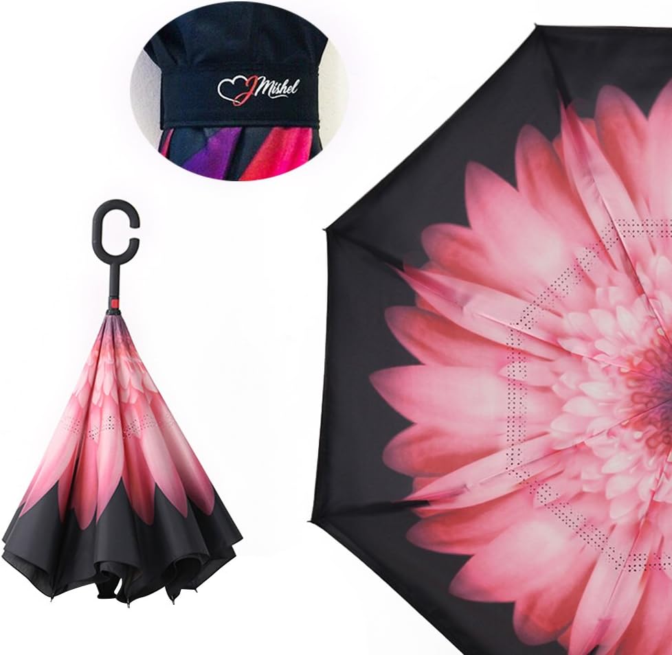 JMishel - Cute Double Layer Inverted Reverse Umbrella - 100% Waterproof And Windproof Reversible Sunbrella with Reversed Folding for Car Use, Comes with C-Shaped Handle for Hands-Free Use