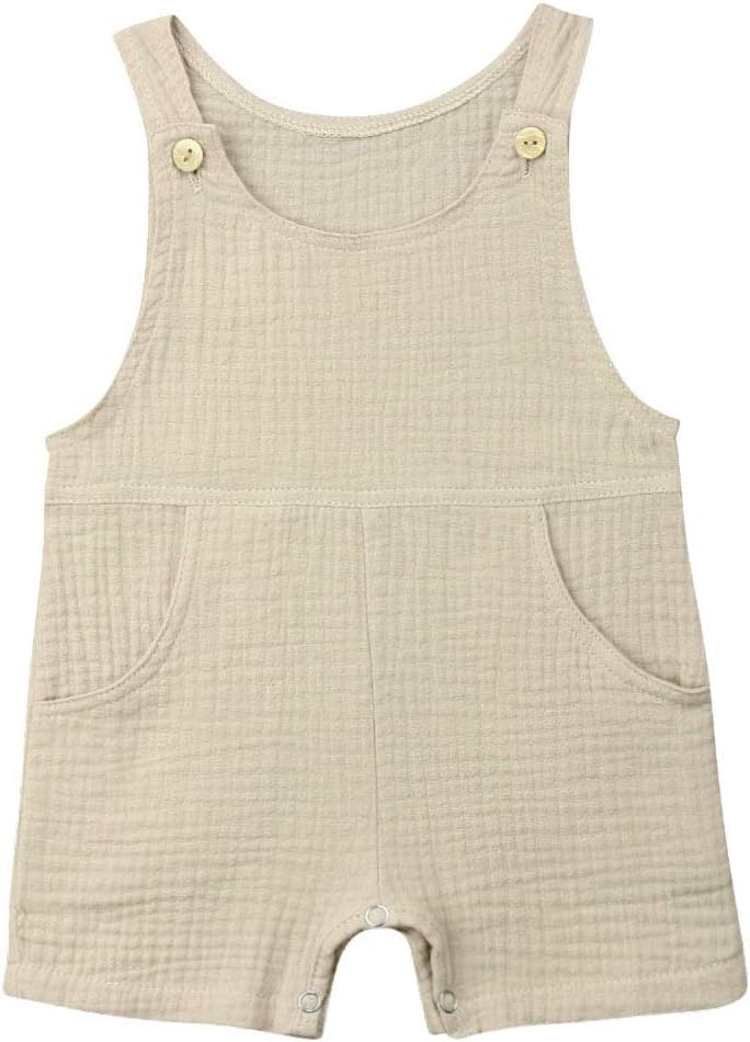 Baby Boys' Girls Short Sleeve Rompers Jumpsuit with Pocket,Organic Cotton and Linen Sleeveless One-Piece Coverall