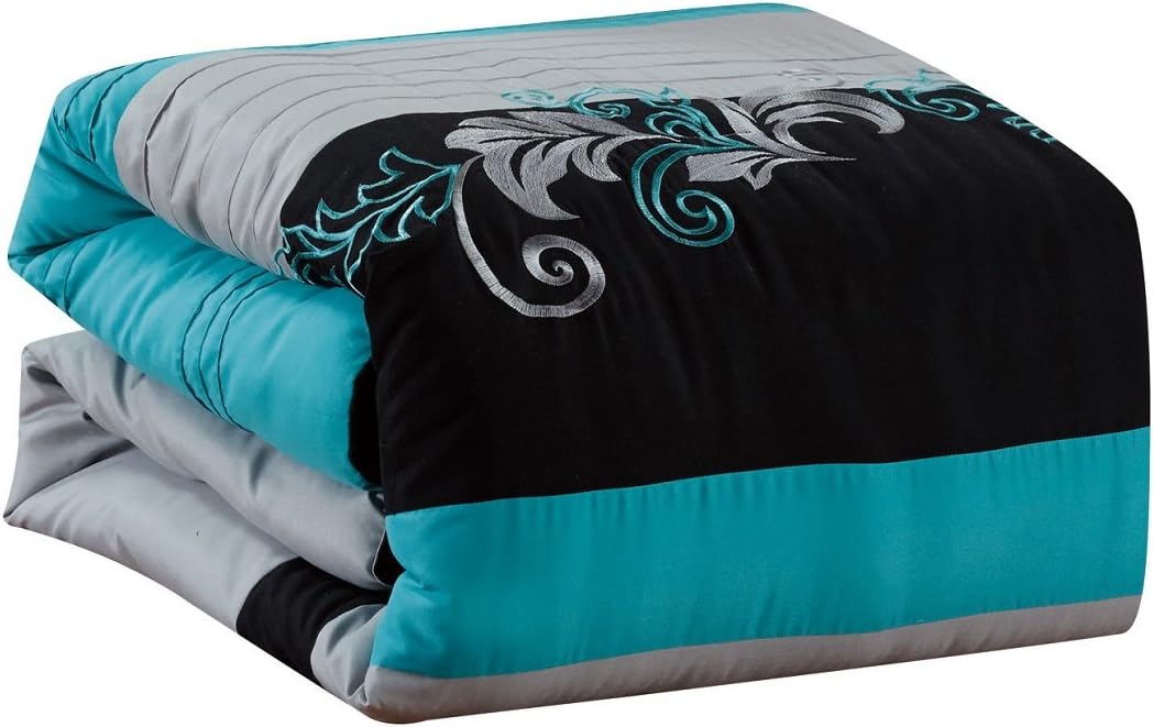 Chezmoi Collection Napa 7-Piece Luxury Leaves Scroll Embroidery Bedding Comforter Set (Queen, Teal/Gray/Black): Home & Kitchen