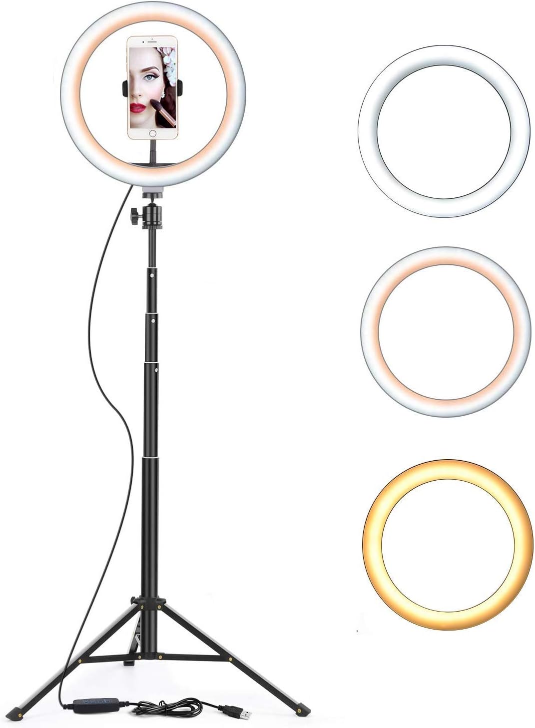 CHAMPKIA Big Selfie Ring Light 10-inch Dimmable 3-Modes LED Ring Light with 60-inch Tripod Stand Tabletop Stand with Ball-Head for Making up & Tiktok YouTube Videos